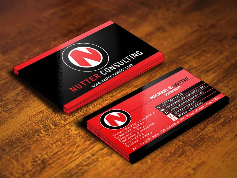 A red and black business card with a more aggressive approach.