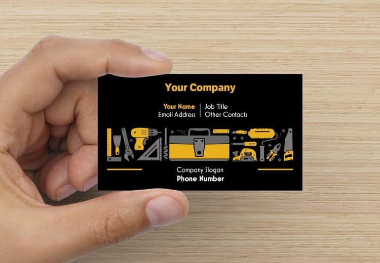 A construction business card with set of tools icons.
