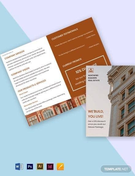 Company information bifold real estate brochure template from template.net.