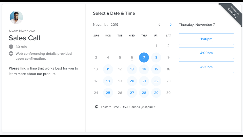 Calendly scheduling portal.