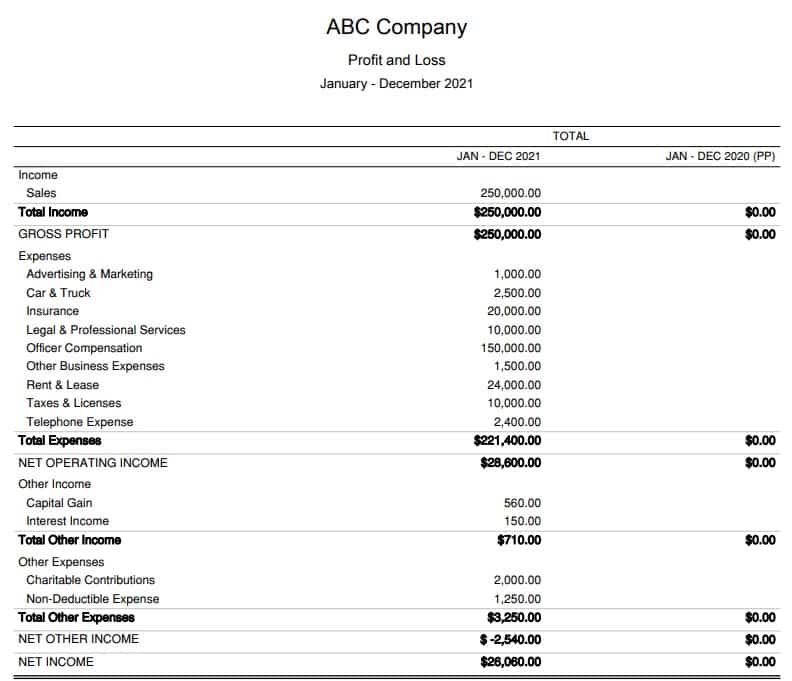 Sample Profit & Loss Statement from ABC Company.