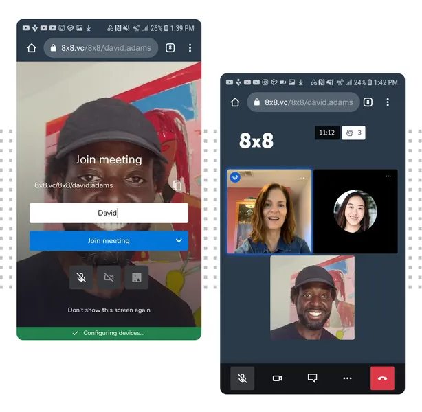 8x8’s mobile login form and video conferencing interface.
