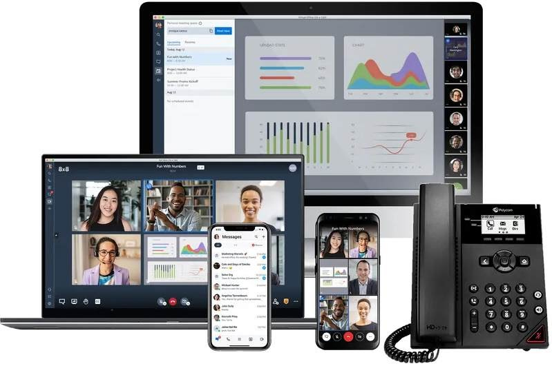 8x8 video conferencing on computer, laptop and cellphone.