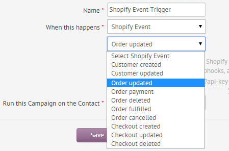 Agile CRM Shopify event campaign trigger options.