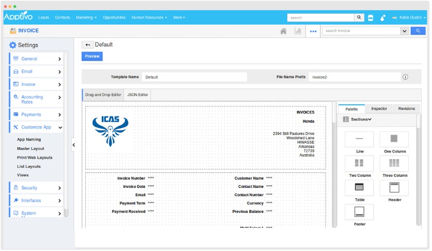 Apptivo's invoice settings and JSON editor pane.