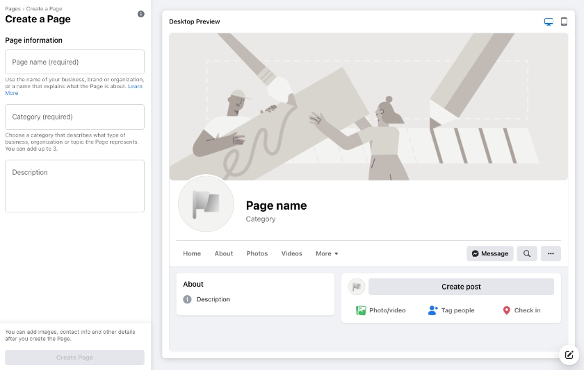 Facebook page information setup with a desktop preview on the right.