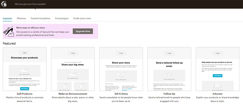 Various email layouts on Mailchimp's classic email builder.