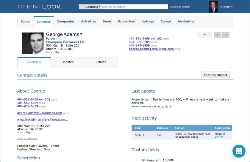 An example of a contact's profile from ClientLook.