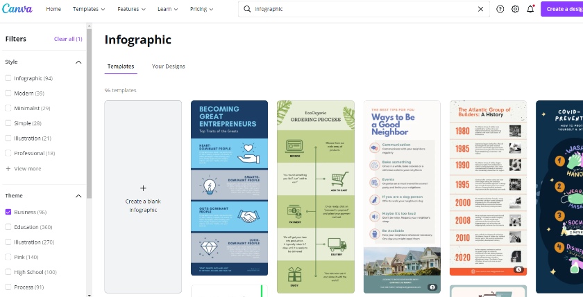Select template and create infographics for free on Canva.