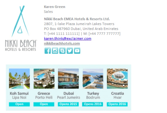 Example of a professional email signature from Nikki Beach.