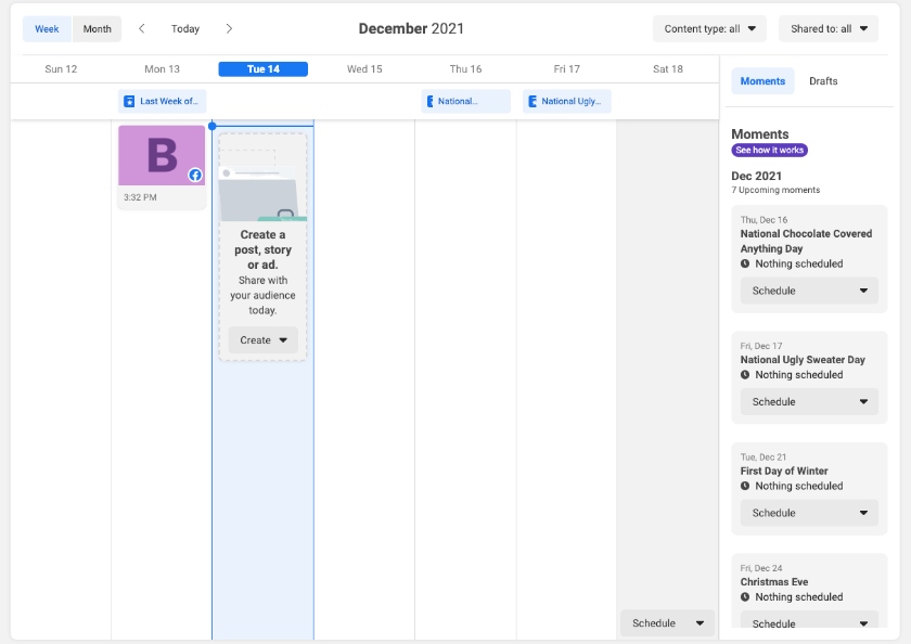Facebook's built-in content planner scheduling tools.