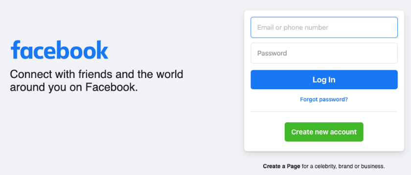 Facebook welcome page with login form and "create new account" button.