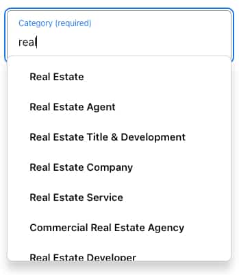 List of available categories for Facebook real estate business page.