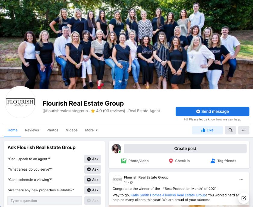 Facebook real estate business page example, Flourish Real Estate Group.