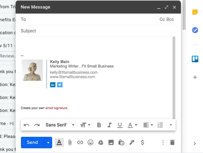 Composing a new message in Gmail with an email signature.