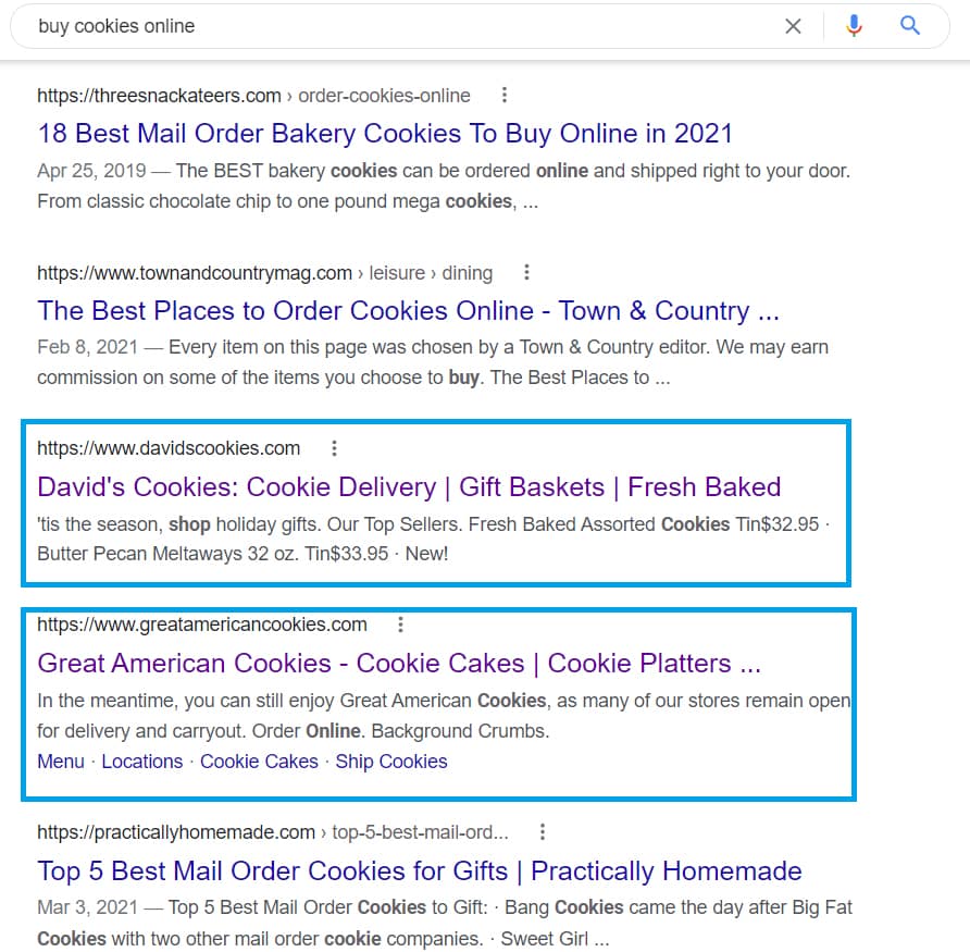 A Google search result for "buy cookies online.