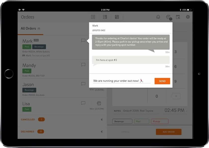 Guest Manager modules, Cake allows you to receive customer text messages and send responses directly from the POS to manage curbside pickups.