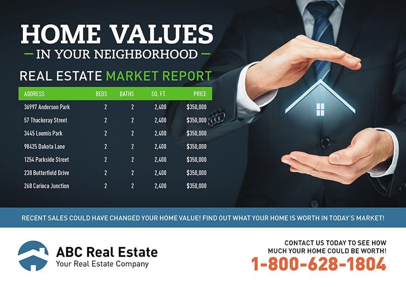 Real estate postcard titled, "Home values in your neighborhood".