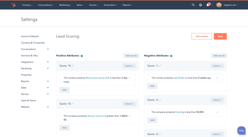 HubSpot Lead Scoring Settings.