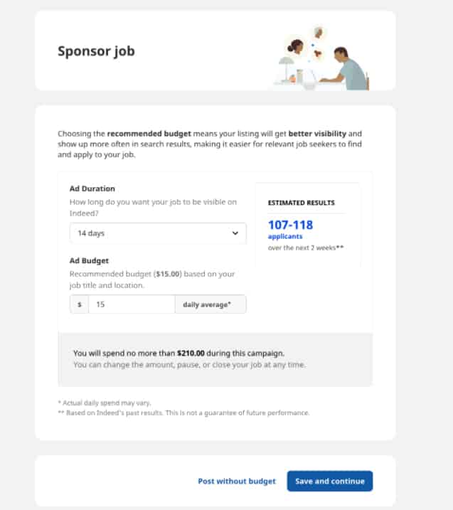 Choosing budget for sponsoring a job in Indeed.