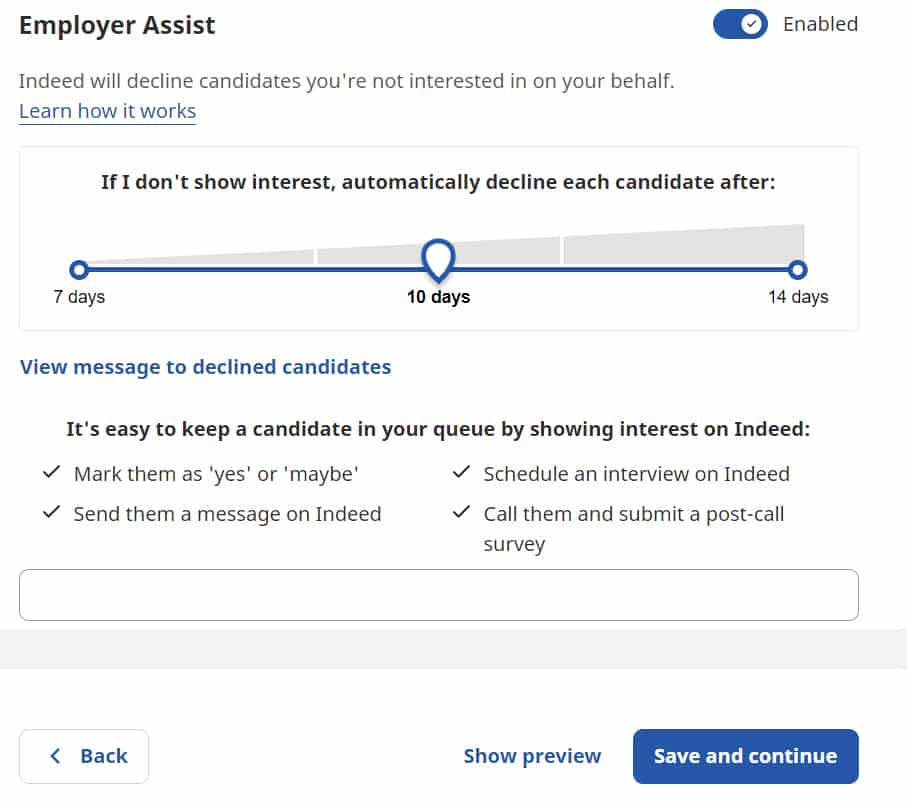 Indeed Employer Assist page for enabled or disabled during the job post process.