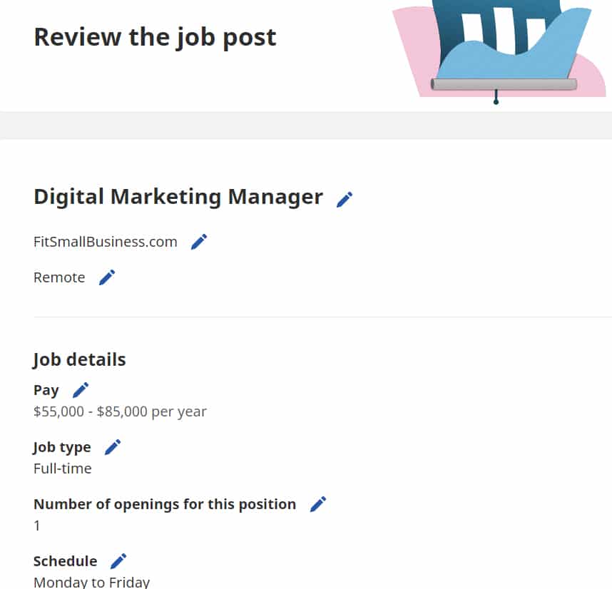 Image from Indeed about review and edit job post.