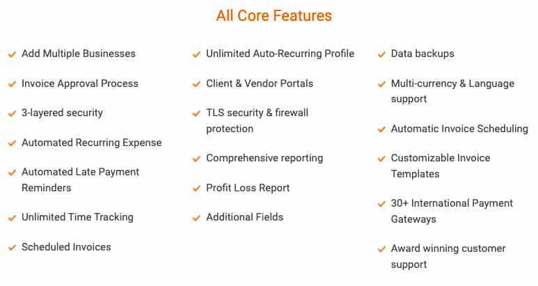 List of Invoicera’s Core Features.