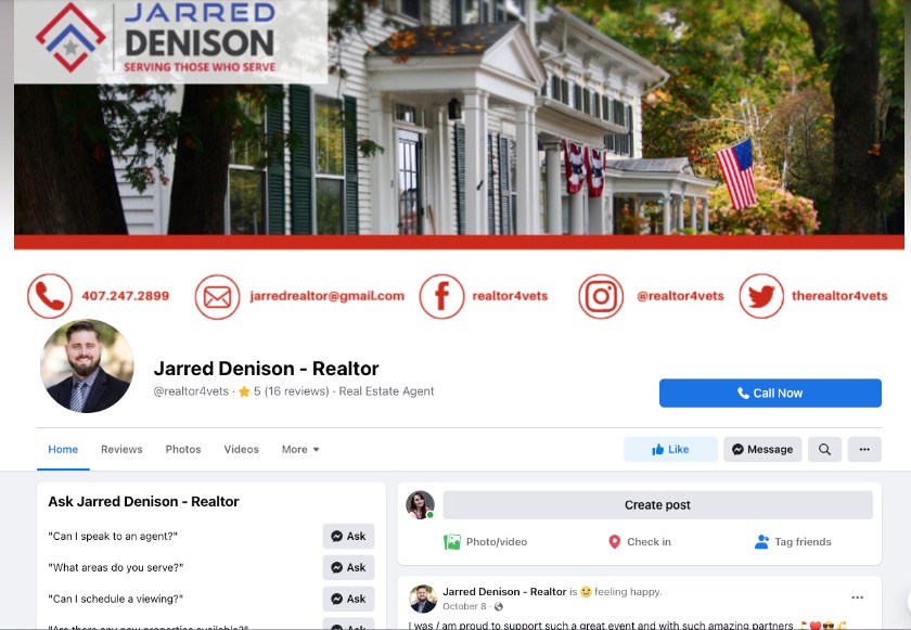 Facebook real estate business page example, Jarred Denison Realtor.