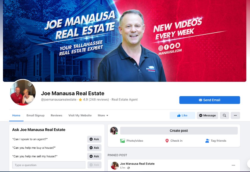 Facebook real estate business page example, Joe Manausa Real Estate.
