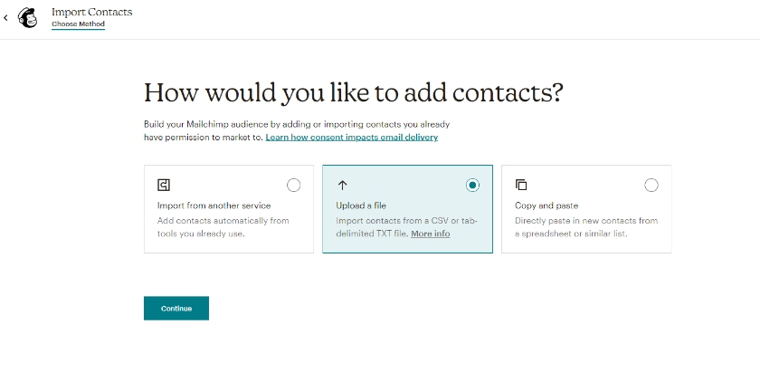 Mailchimp's interface for adding contacts to Mailchimp via a CSV file.