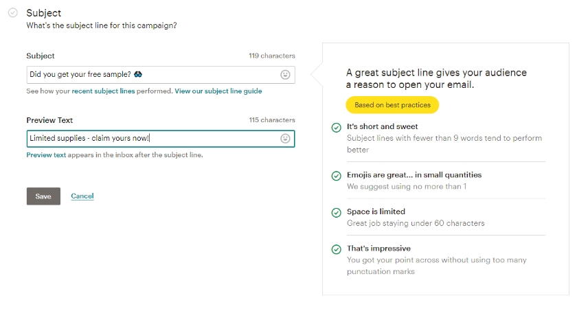 Mailchimp offers a few tips on subject line best practices.