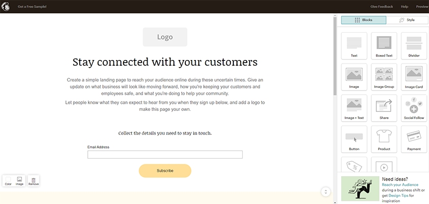 Mailchimp landing page layout templates.