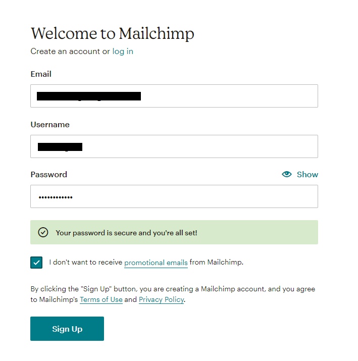 The interface for signing up for a Mailchimp account.