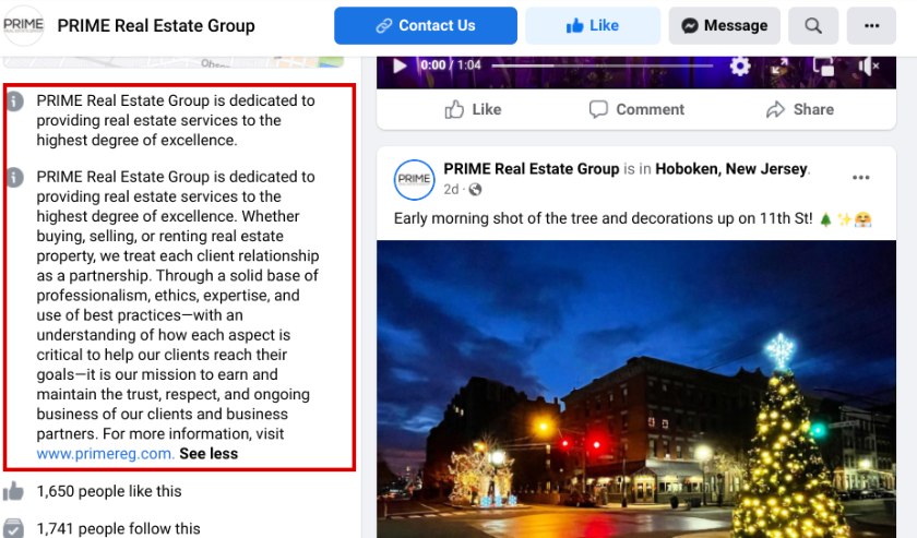 Facebook page description of PRIME Real Estate Group.