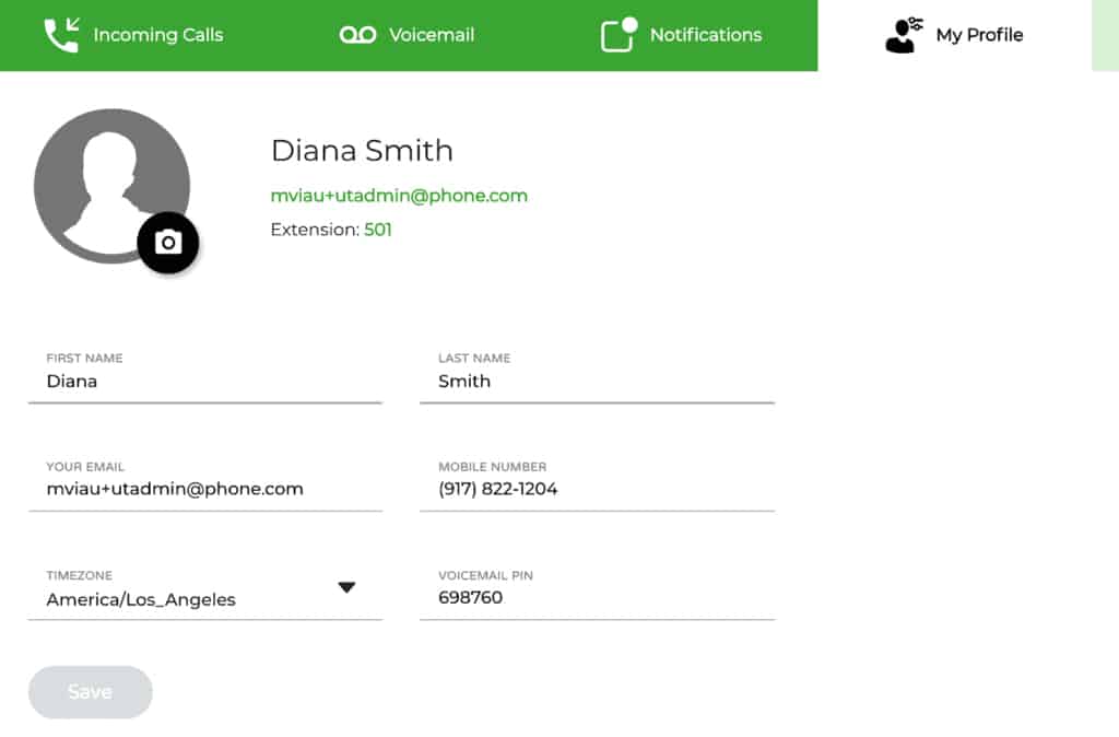 Phone.com creating profile of Diana Smith.