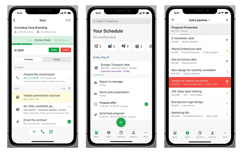Deals, schedules, and activities Mobile app interface of Pipedrive.