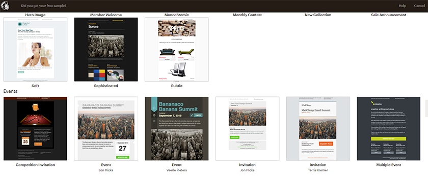 Various premade themes on Mailchimp's classic builder.
