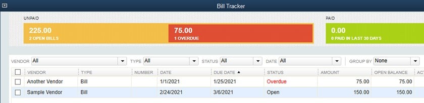 QuickBooks Desktop Pro bill tracker example.