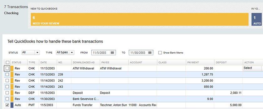 QuickBooks Desktop Pro Classifying Bank Transactions list.