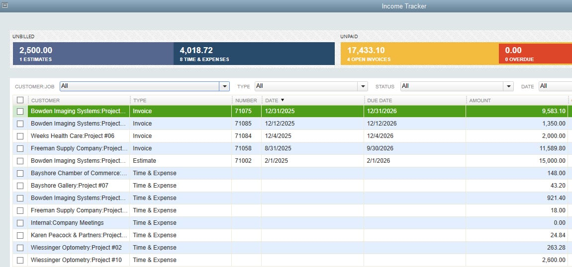 QuickBooks Desktop Pro income tracker example.