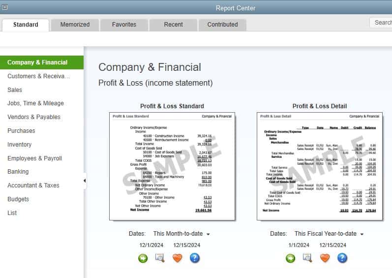 QuickBooks Desktop Pro report center example.