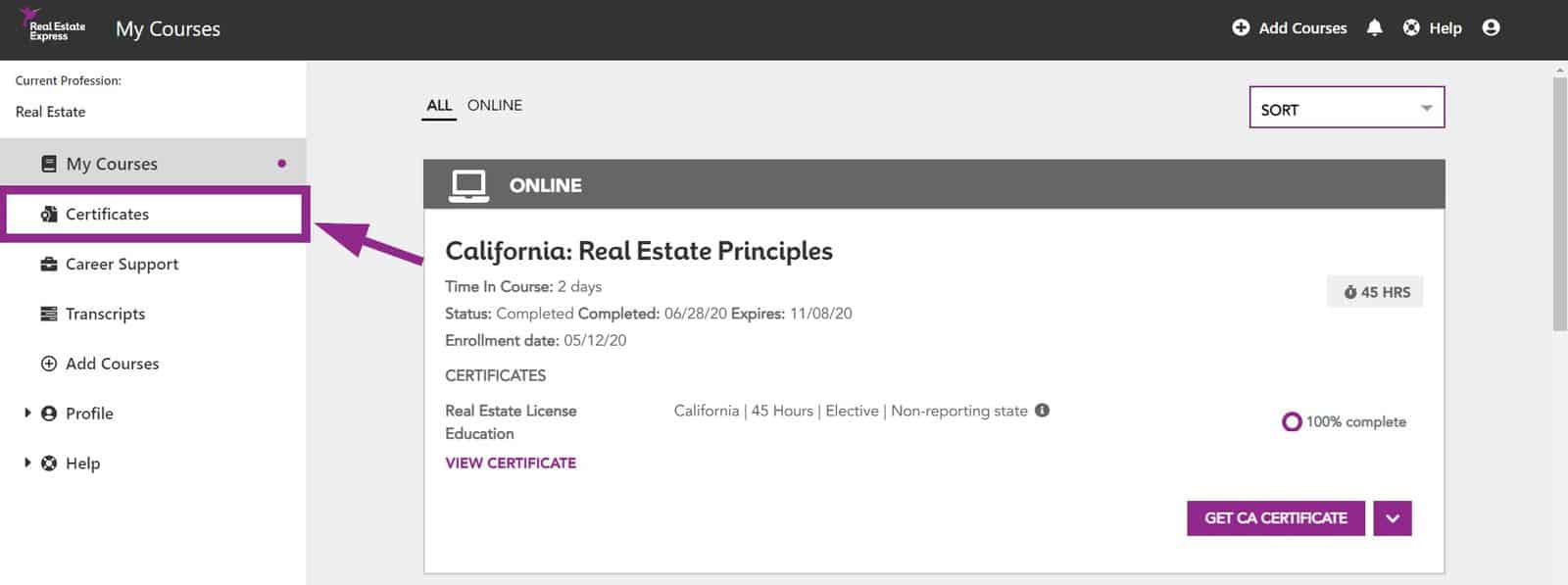 California: Real Estate Principles certificate from Real Estate Express.