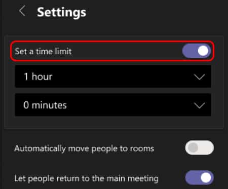 Setting a time limit for a Breakout room in Microsoft Teams