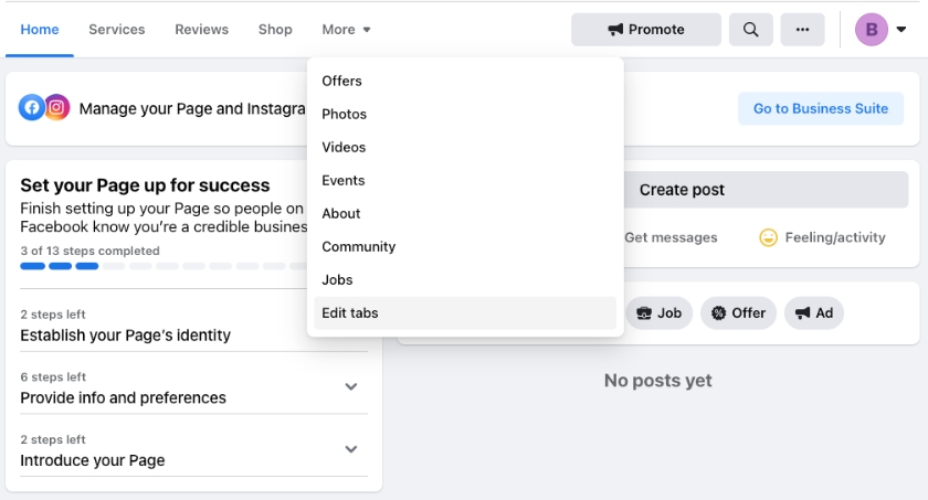 Facebook menu tabs settings for real estate pages.