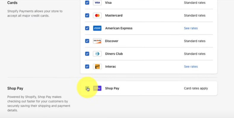 Click on the box to enable Shop pay.