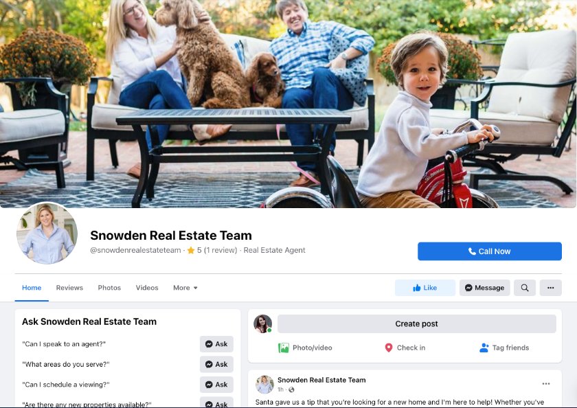 Facebook real estate business page example, Snowden Real Estate Team.