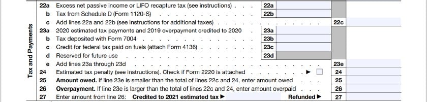 Form 1120S Tax & Payments Section.