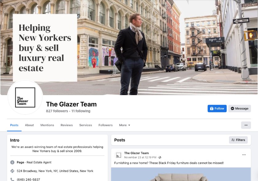 Facebook real estate business page example, The Glazer Team.