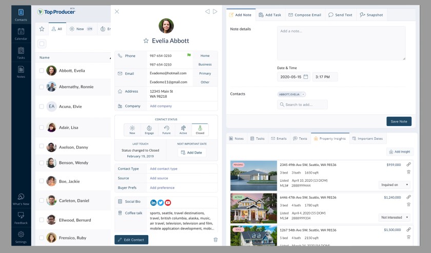 Top Producer's contact profile interface with property insights feature.
