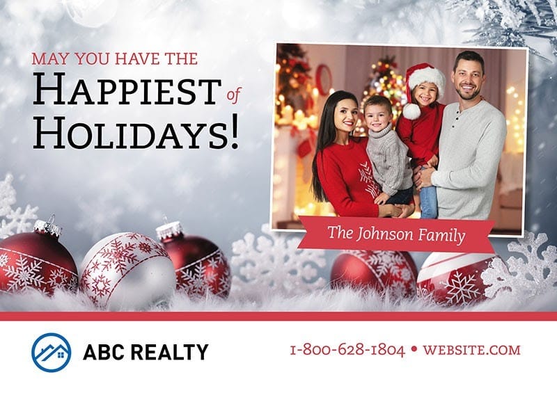 Happy holidays real estate postcard.